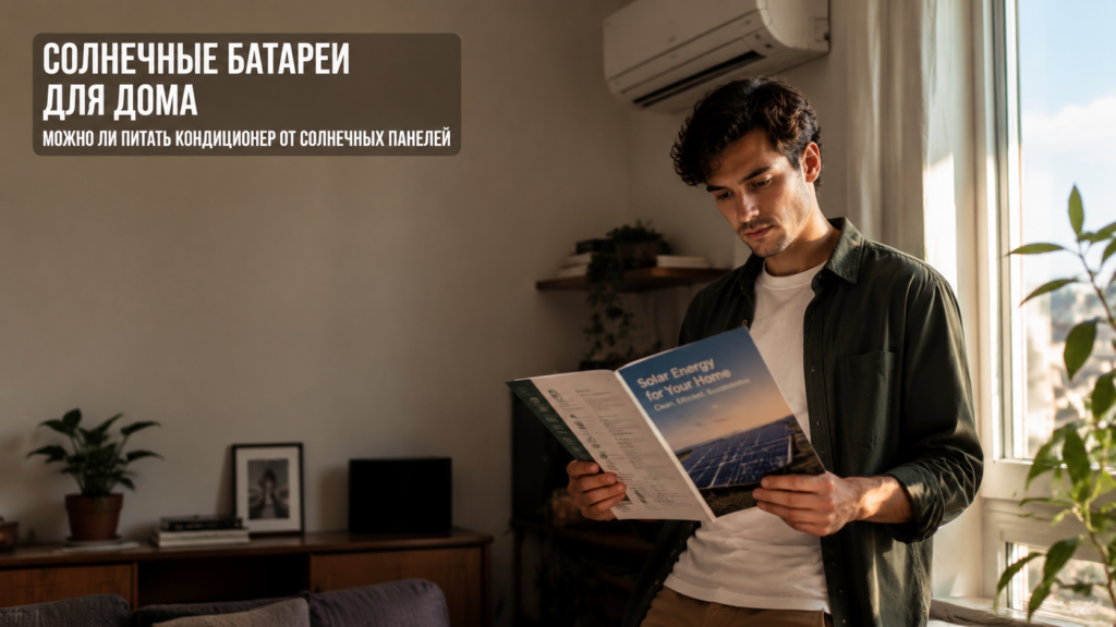 Солнечные батареи на крыше дома, кондиционер на улице
